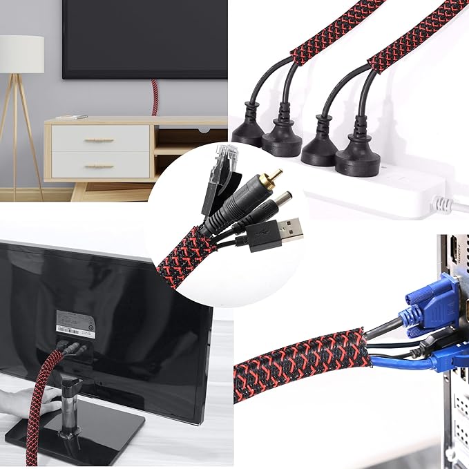 10ft - 1/2 inch Braided Cable Management Sleeve Cord Protector - Self-Wrapping Split Wire Loom for TV/Computer/Home Theater/Engine Bay - Black/Red