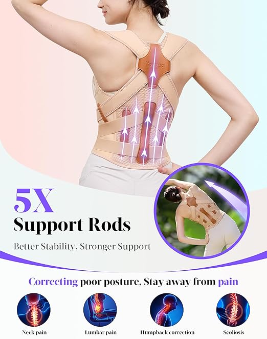 Kepwaa Posture Corrector for Women and Men, 5 Full Back Support Brace Rods, Adjustable Shoulder Straightener, Relief for Upper and Lower Back, Neck, Lumbar, Scoliosis, Hump, Beige, Small