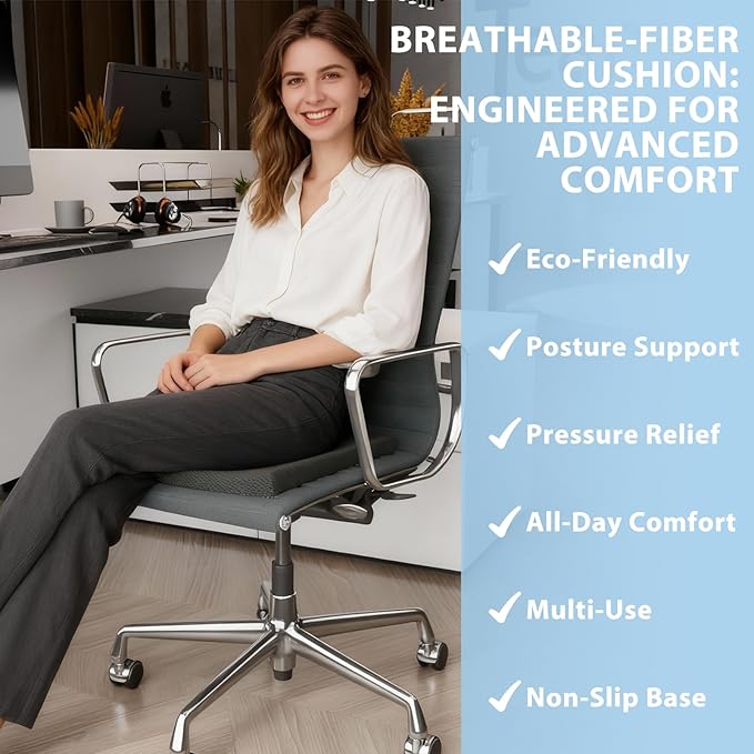 Eco-Friendly TPE Seat Cushion for Office Chair Pain Relief Tailbone Coccyx – Sciatica Pillow for Car Wheelchair Gamechair No-Slip for Long Sitting – Breathable Washable Grey 17.72" W x 1.97" Thick