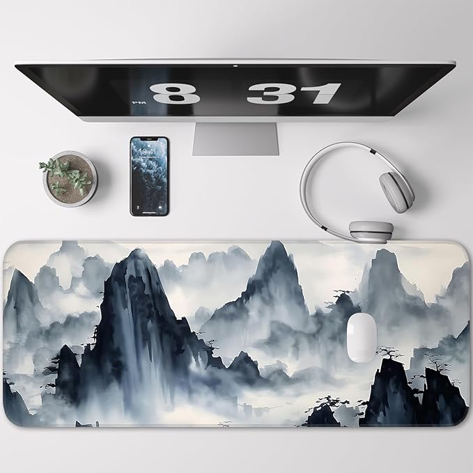 Mouse Pad, Gaming Mouse Pad, Ink Landscape Painting, Non-Slip Rubber Bottom, Stitched Edges, Suitable for Home, Office, Laptop, Keyboard Desk Pad, 31.5x11.8 Inch, Peak