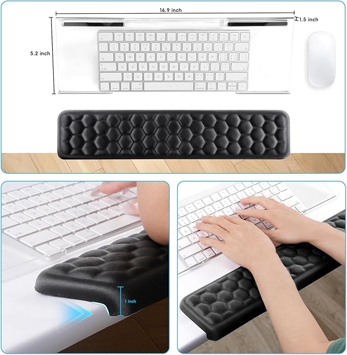 MOSISO Wrist Rest for Keyboard&Keyboard Stand Set, Honeycomb Structured Ergonomic Wrist Rest Pad, Non-Slip Base with Easy Typing Working Acrylic Clear Holder for Office Home, Black