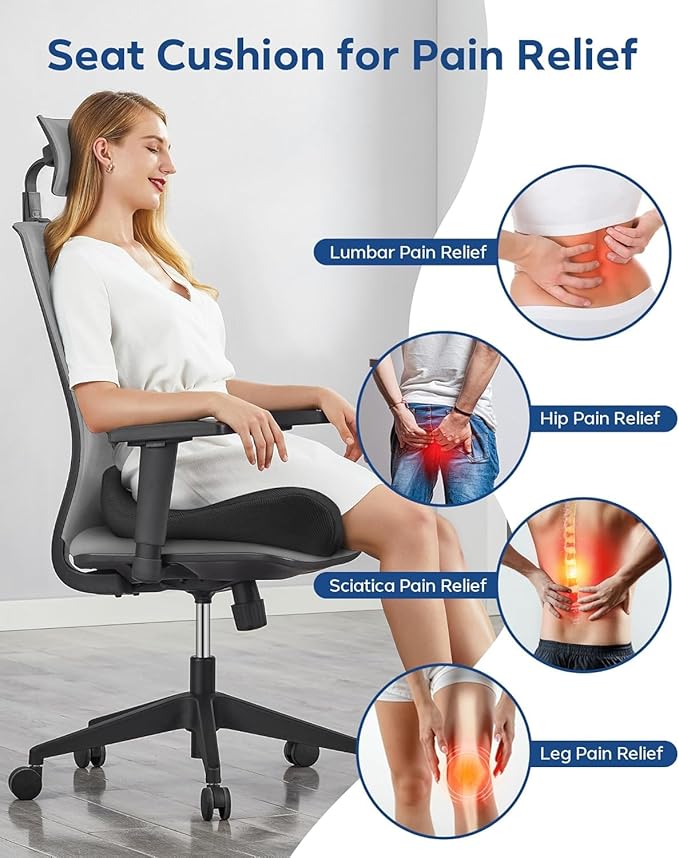Feagar Seat Cushion for Office Chair - Memory Foam Tailbone Cushion for Desk Chair, Car Seat and Wheelchair - Ergonomic Chair Pad for Hip and Lower Back Comfort - Washable Mesh Cover