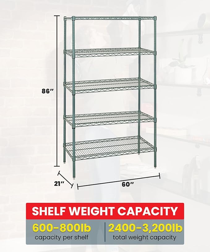 QUANTUM STORAGE SYSTEMS WR86-2160P-5 Starter Kit Wire Shelves Green Epoxy 5 Shelves 86" H x 60" W x 21" D