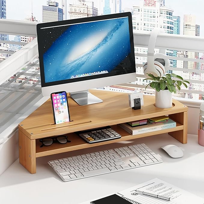 YANBI Corner Monitor Stand Office Triangle Tabletop Monitor Riser, Double-Layer Wood Corner Monitor Stand Screen Holder, Universal Computer Stand Riser with Storage (Color : Natural), 66666