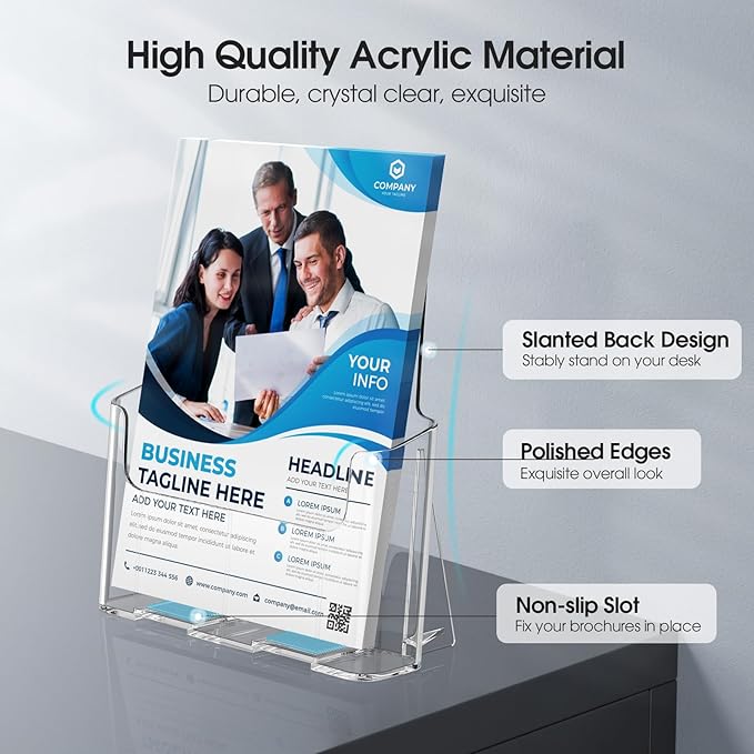 MaxGear Acrylic Brochure Holder 8.5x11 inch, Clear Plastic Literature Holder for Flyers, Pamphlets, Rack Cards and Booklets, Desk or Wall Mount, Acrylic Display Stand for Magazines, Office Use, 4 Pack