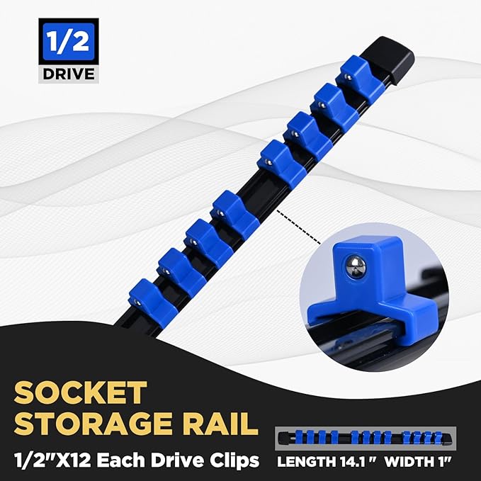 Socket Organizer, 1/2-Inch Drive Heavy Duty Socket Holder Kit, ABS Socket Rail 1/2" x 12 Clips Blue, 2 Pieces