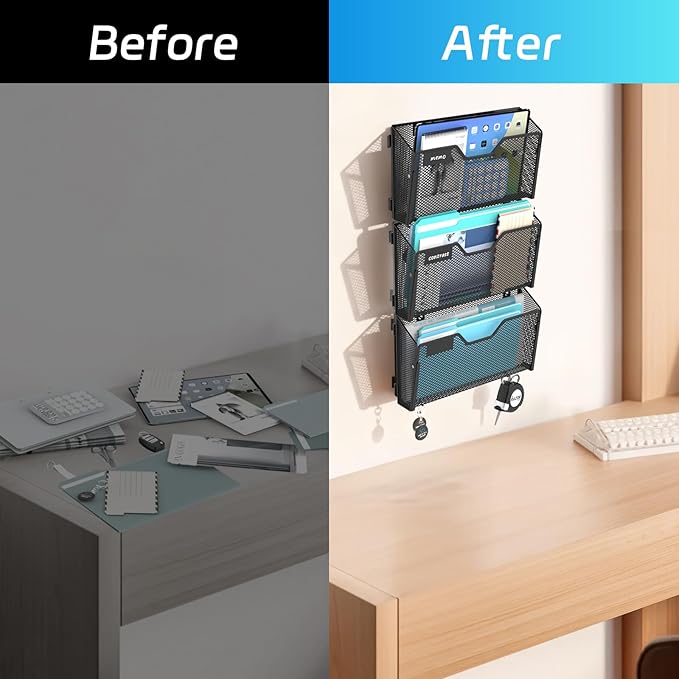 SUPEASY Wall File Organizer 6 Pack, Metal Mesh Wall File Holder with Hooks and Label Panel, Wall Mounted Mail Organizer for Office, Home, Classroom, Letter Size and A4 Files