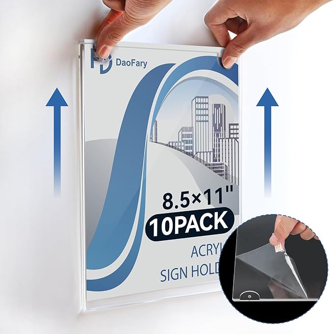 Daofary Acrylic Sign Holder 8.5 x 11 Wall Mount, 26 Pack Clear Acrylic Wall Picture Frame with Double-Side Tape, Document Paper Poster Display for Office, Store, Restaurant (Adhesive Tape, Screws & Hanging Rope Included)