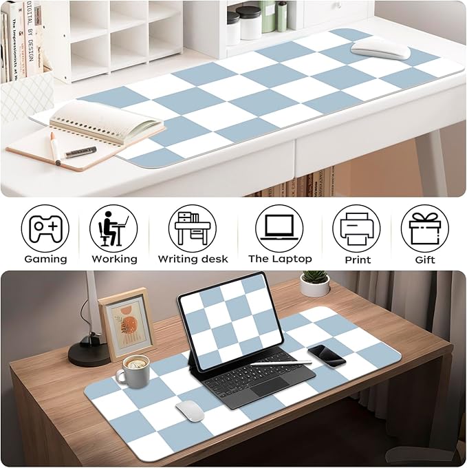 Large Checkered Desk Mat 35.4" x 15.7", PU Leather Desk Pad Protector, Large Mouse Pad for Desk, Non-Slip Blue Desk Mat, Waterproof Writing Pad for Office and Home