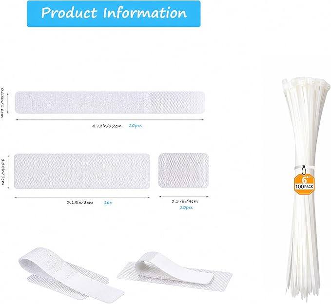 Under Desk Cable Management Set - 20 Pair Adjustable Hook and Loop Cable Ties with Adhesive Backing + 100 Pack 6 Inch Zip Ties, Complete Cord Organizer Kit for Home Office Desk Wire Management (White)