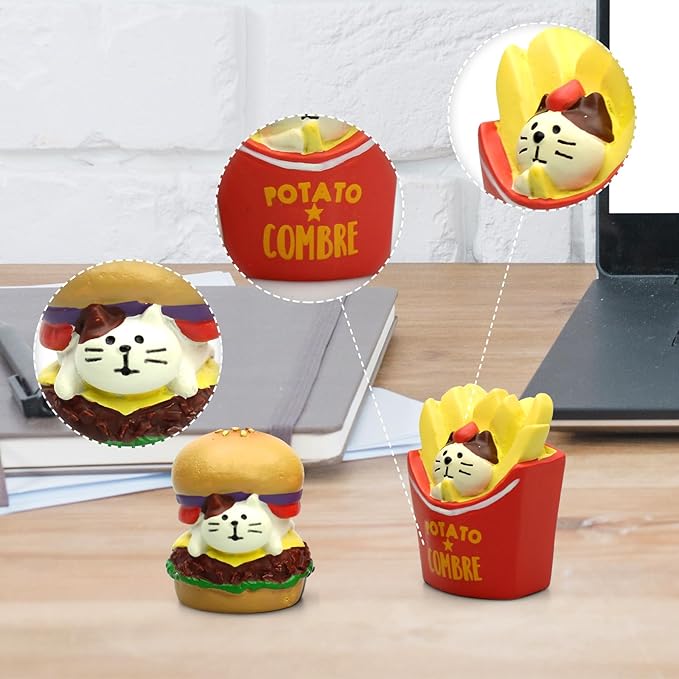 RAQWI Hamburger Fries Cat Figurines Miniature Fast Food Accessories for Office, Home Decoration Perfect for Desk Décor