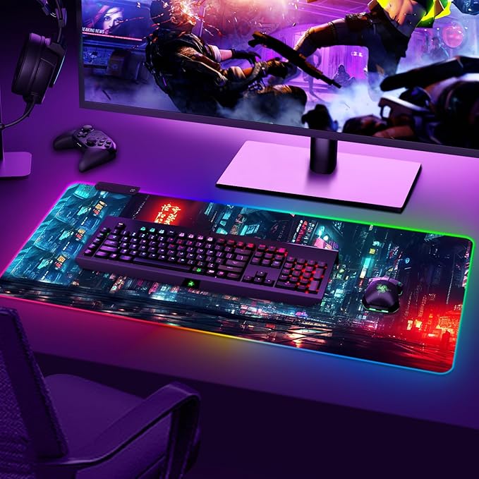 ARTSO RGB Gaming Mouse Pad Large, Extended Soft Led Mouse Pad with 14 Lighting Modes 2 Brightness, Water Resist Keyboard Pad, Computer Mousepads Mat 35.4x15.7inch, Night City