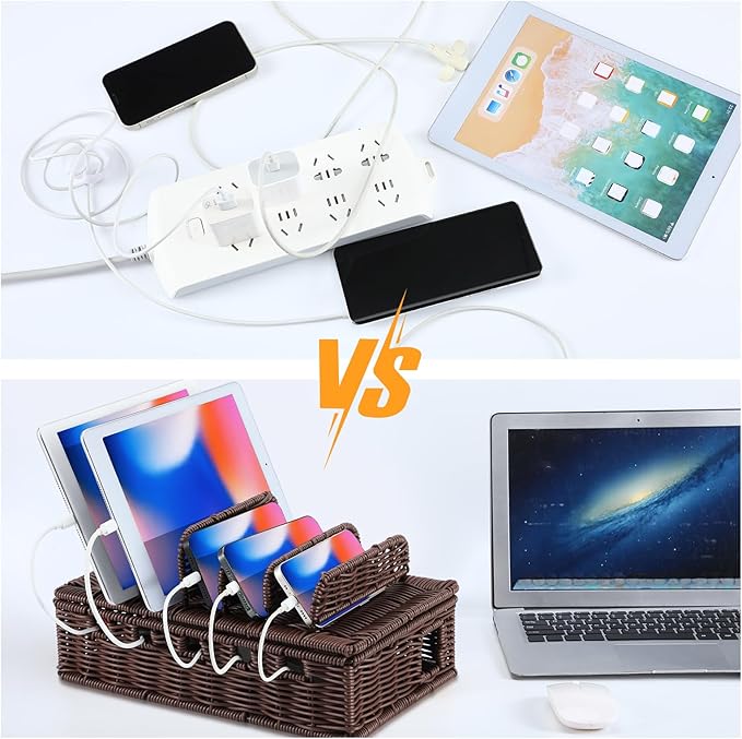 CroBlissful Cable Management Box Handwoven Imitation Rattan Cord Hider Box Charging Station Basket Desktop Cord Organizer with Removable Divider for Laptop Tablet 12.5lx5.9hx7.6w-inch (Coffee Color)