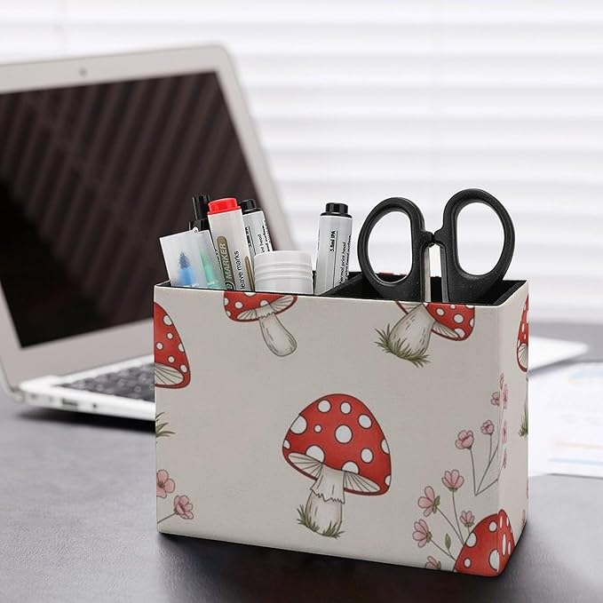 Multi-Functional PU Leather Pencil Holder Floral Red Mushroom, Practical and Stylish Design