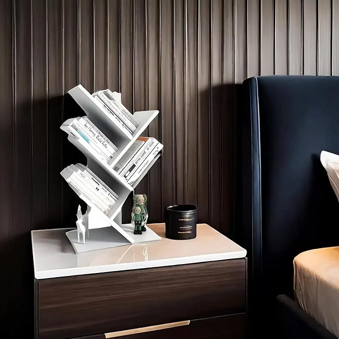 Godferyxin Small Bookcase for Desk Decor, 5-Tier White Wood Small Bookshelf – Compact Corner Mini Bookcase for Bedroom, Office, or Apartment, Holds Books, CDs, and Decor Book Tree Bookshelf