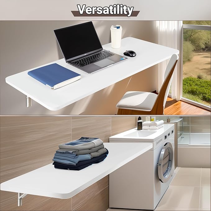 Neoaider Wall Mounted Folding Table 47.2”L x 19.7”W, Laundry Folding Table with Heavy Duty Metal Collapsible Shelf Brackets, Wall Mounted Desk Fold Down for Small Spaces, White