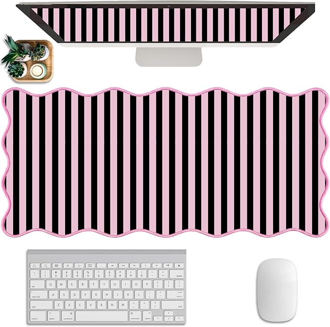 Scalloped Desk Mat Extended Large Cute Striped Mouse Pad Big Desk Pad XXL Aesthetic Stripe Mousepad Gaming Mouse Pad for Keyboard Computer Laptop Home Office Accessories 35.4X15.7Inches Black Pink