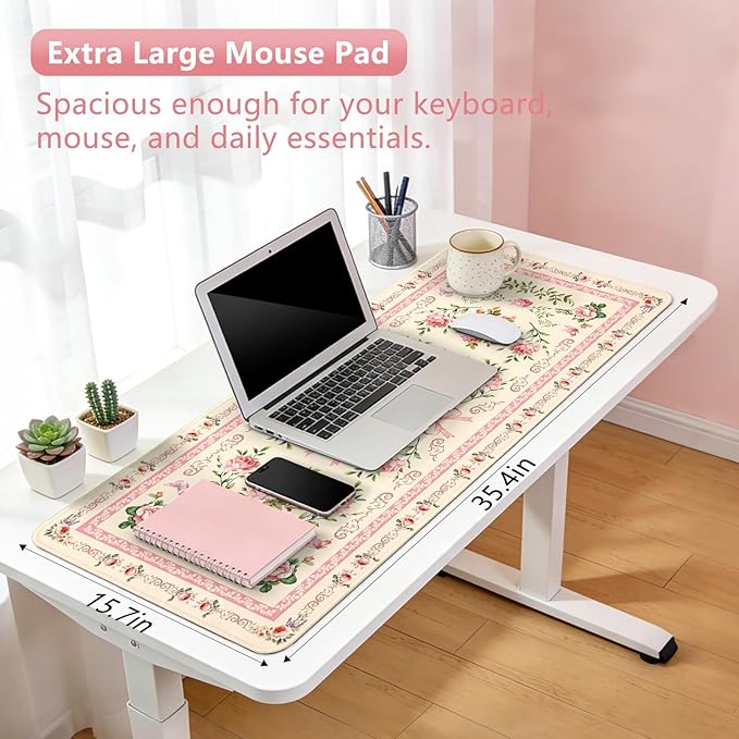 Beige Floral Boho Mouse Pad Large 35.4×15.7 Aesthetic Girly Desk Mat for Women Girls,Non-Slip Water-Resistant Pad for Home Office Gaming