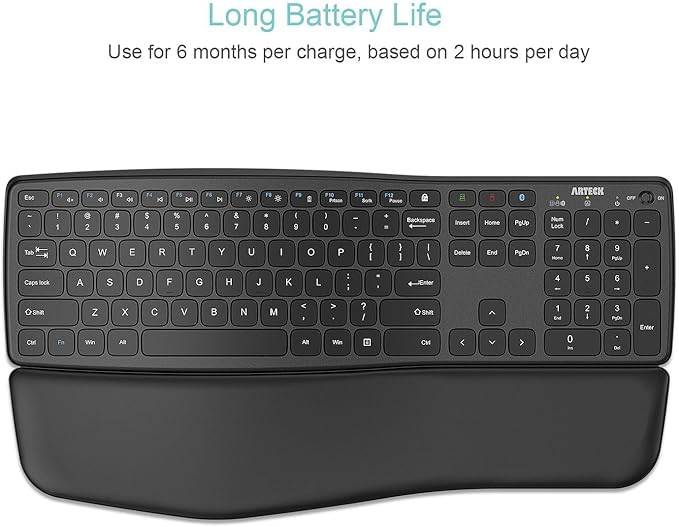 Arteck Multi-Device Ergonomic Wireless Bluetooth Keyboard with Nano USB-A, USB-C Type C Receiver Palm Wrist Rest Full Size Keyboard for Windows iPad OS Android, Computer Desktop Laptop PC Tablet