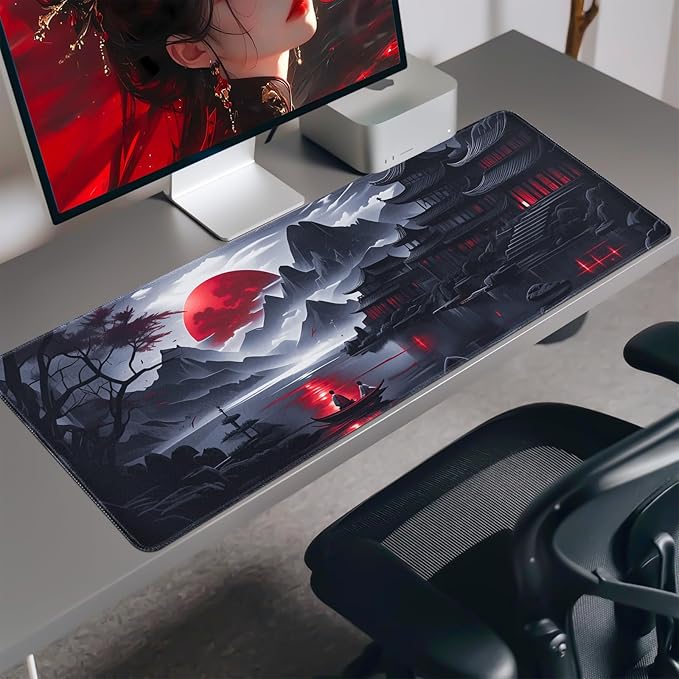 FreeNook Black Mouse Pad Gaming Keyboard Pad 35.4 x 15.7 in Computer Mouse Pad Anime Gaming Mousepad, Expanded Architecture Cool Desk Pad, Japanese Red Moon Large MousePads Suitable for Home Office