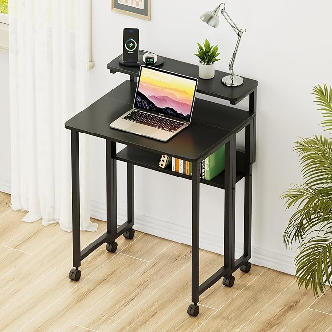 GreenForest Folding Desk with Adjustable Monitor Stand and Storage Shelf, 24.8in Rolling Table with Wheels, Mobile Small Desk for Small Spaces, Home Office, Black