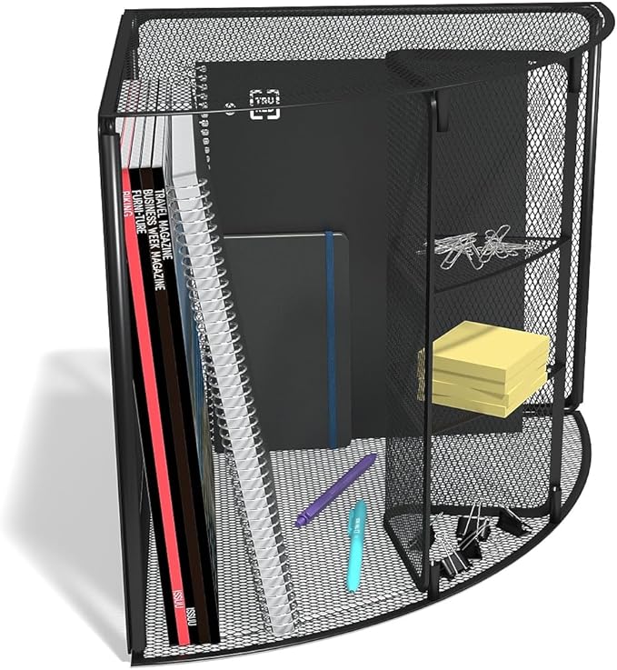 TRU RED Wire Mesh Corner Desk Organizer, 4‑Compartment – Space‑Saving Desktop Storage for Files & Office Supplies