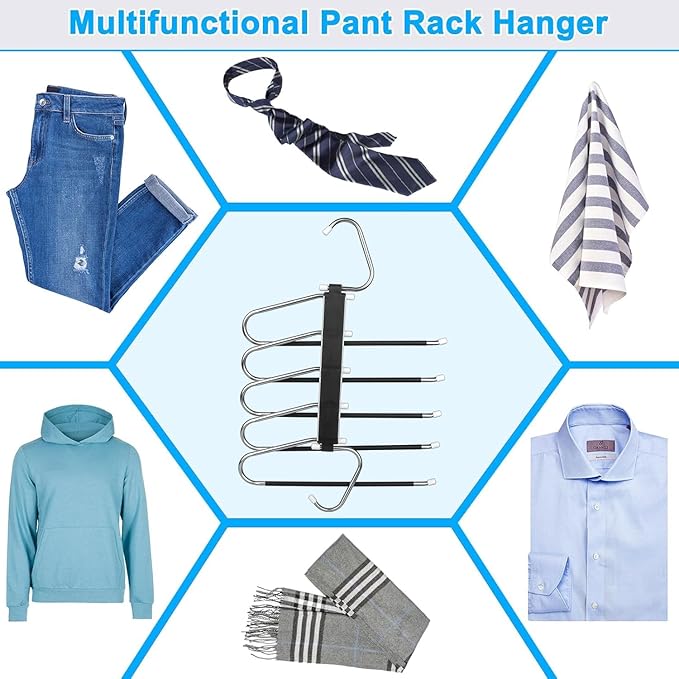 2 Pack Pants Hangers Space Saving Clothes Hangers 5 Layers, Non Slip Pant Hanger for Closet Organizers and Storage, Stainless Steel Jean Hangers Multifunctional Pant Rack for Trouser, Scarf, Skirt