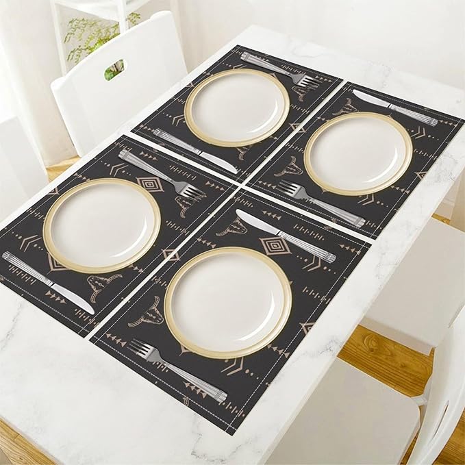Western Cow Skull Placemats Vintage Western Boho Style Aztec Ethnic Minimalist Linen Washable Table Mats Stain Heat-Resistant Desktop Decor Place Mats for Home Kitchen Dining Party 12x18 in 6 Pcs