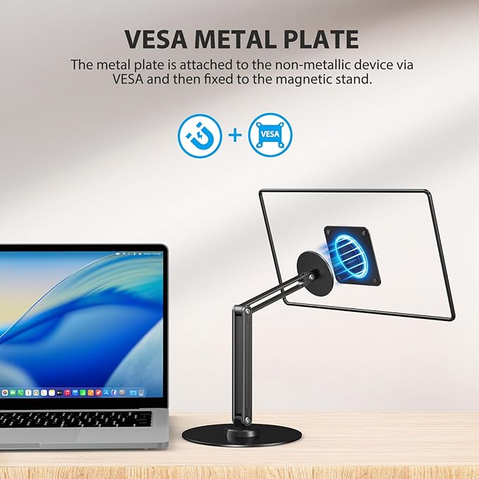 UPERFECT Portable Magnetic VESA Stand, All-Aluminum Adjustable Arm for 10–18.5″ Devices, 75×75mm VESA, Adhesive Metal Plates, 360° Swivel Base, Supports up to 4.4 lbs, Travel Desk Stand