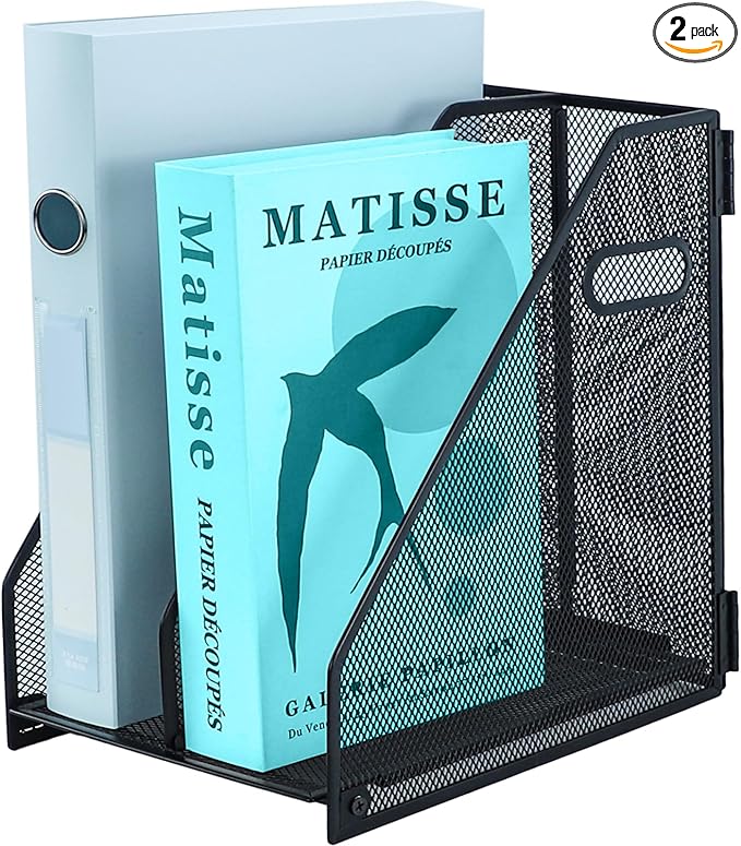 Desk Organizers Metal Magazine File Holder Racks Desktop Folder Storage Binder Organiser Document Organization for Home Office & Classroom,2 Vertical Compartments