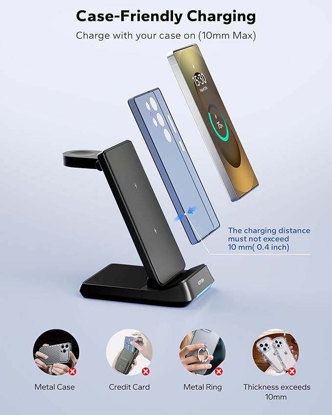 KPON 3 in 1 Charging Station for Samsung, Wireless Charger for Thick Cases, Foldable Phone and Watch Charger Stand for Galaxy S26/S25/S25 Ultra/S24/Z Fold/Android Devices, Galaxy Watch and Earbuds