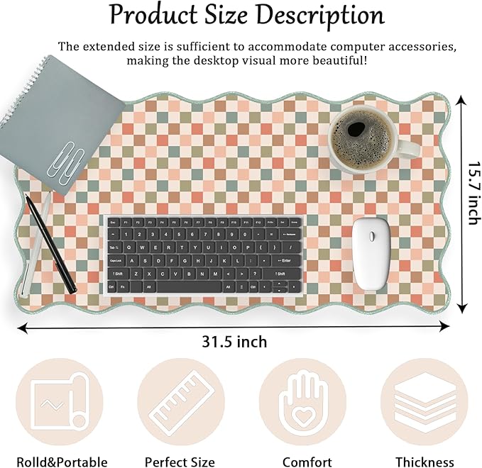 Scalloped Desk Mat Extended Large Cute Mouse Pad XXL Aesthetic Desk Pad Boho Plaid Mousepad Retro Beige Checkered Mouse Pad for Keyboard Computer Stitched Edges Non-Slip Home Office 31.5X15.7Inch