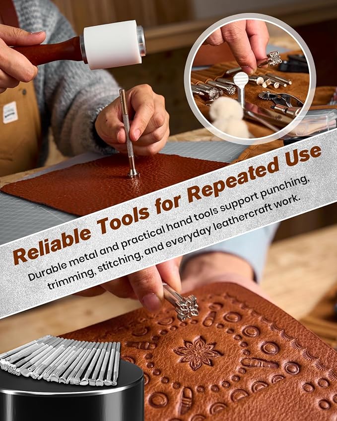 SAKERNEO Leather Working Tools kit Max Version with Custom Handbag Cutting Mats Engraving Punching Sewing Stamping Sanding Tools for Handicraft Work,Repair