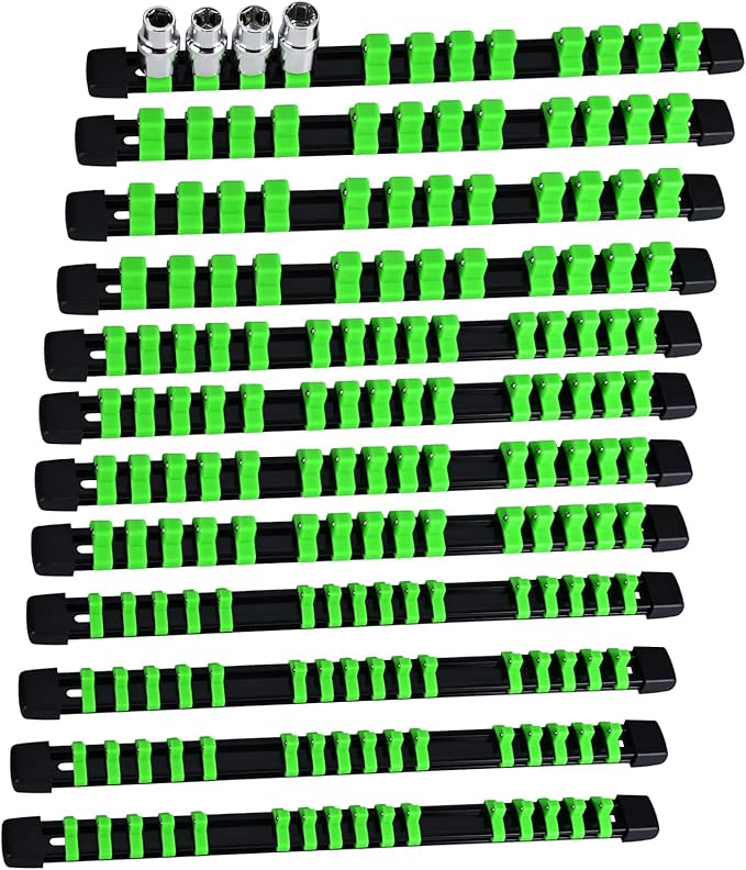 Socket Organizer Set 12PCS ABS Holder Kit - 1/4-Inch x 64, 3/8-Inch x 60, 1/2-Inch x 48 Clips, Drive Tray, Rail - Green