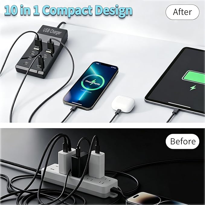 10-Port USB Wall Charger Station with Cables,50W 10A USB C Power Hub for Multiple Device,Phone Charger Block for Samsung Galaxy S25 S24+ S23+ Ultra,Google Pixel,iPhone,EarbudsSmartwatch(Black)