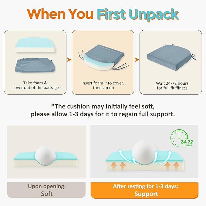 downluxe Chair Cushions for Dining Chairs, Memory Foam Linen Kitchen Chair Pads with Ties, Waterproof, Stain-Resistant and Washable Cover, 17" x 16" x 2.5", Light Blue, 4 Pack
