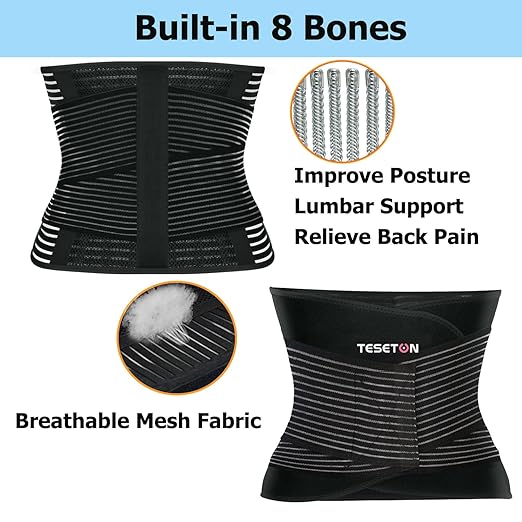 TESETON Back Brace for Men and Women, Back Support Belt Relief Lower Back Pain Herniated Disc, Sciatica, Scoliosis, Breathable Mesh, Lumbar Support Belt, Back Brace for Lifting at Work 02 Black-L