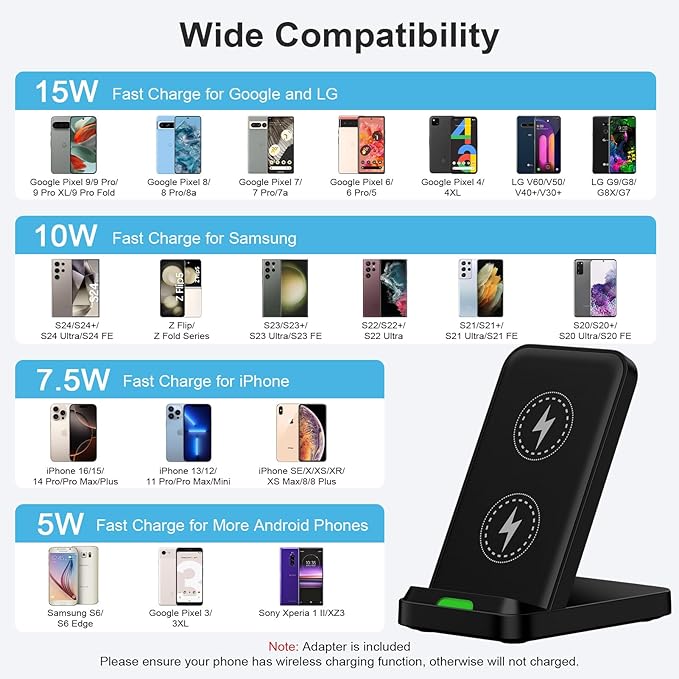 Wireless Charger Stand for Moto G Stylus 5G 2025/2024,Moto Edge/Razr 2025,Moto G Power 5G 2025/2024,15W Fast Charging Station with QC Adapter for Samsung Galaxy S25 S24FE,iPhone 17 16 15,Pixel 10 Pro