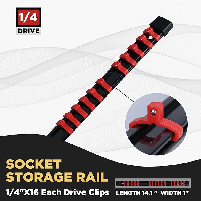Socket Organizer, 1/4-Inch Drive Heavy Duty Socket Holder Kit ABS, Socket Rail 1/4-Inch x 16 Clips Red