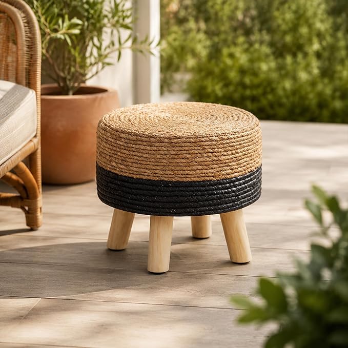 Wimarsbon Round Foot Stool Natural Seagrass Poufs Ottoman Hand Weave Footrest Stool for Couch Desk Extra Seat Step Stool with Solid Wood Legs for Hallway Patio Lounge Black