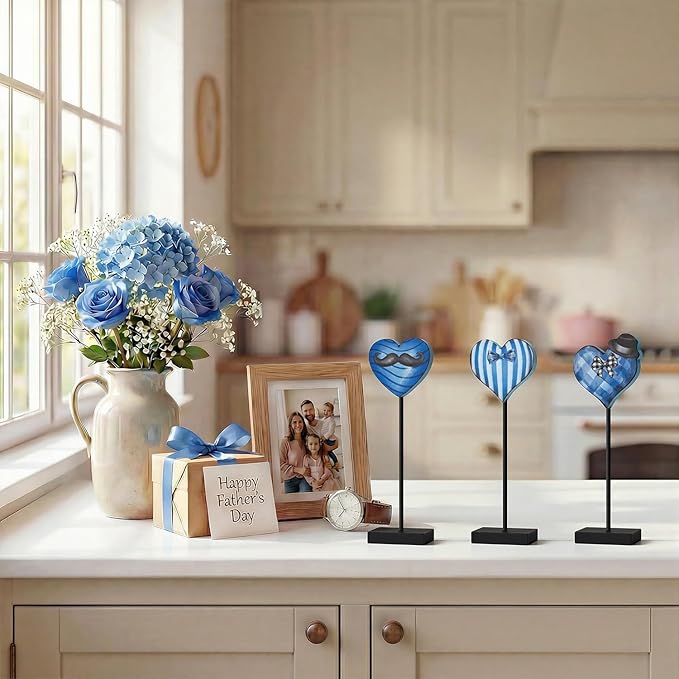 Smile Father's Day Wooden Table Decor Piece Blue Heart with Bow Tie Mustache Hat Desktop Signs Tabletop Decorations for Home Office Shelf - Gift for Dad, Husband, Grandpa