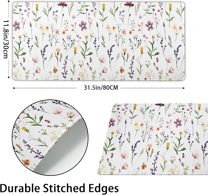 Spring Summer Wildflower Desk Pad Mouse Pad XXL 35.4”x15.7” Large Extended Gaming Mouse Pad with Stitched Edges Non-Slip Rubber Base Mousepad Floral Desk Accessories for Home Laptop Office Work Game