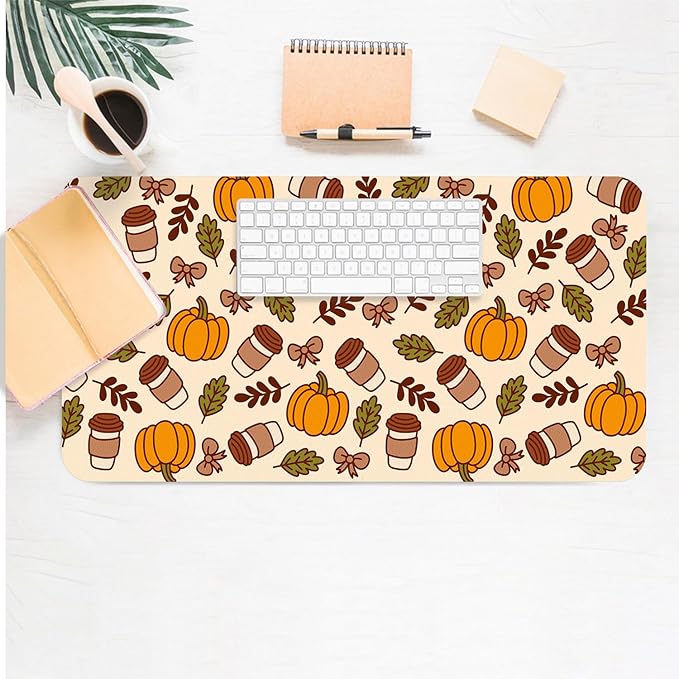 Fall Desk Mat, Pimpkins Coffee Large Mouse Pad for Desktop, PU Leather Waterproof Desk Pad, Computer PC Laptop Protector Gaming Mouse Pads for School Office Home Thanksgiving Decorations 23.6" x 11.8"