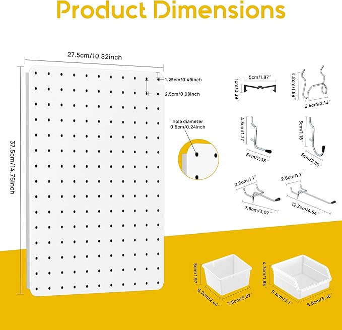 Peg Board for Tools, 6 Pack Metal Pegboard Wall Organizer with Hooks,14.76"×10.82" White Pegboard Panels for Walls Home, Garage Tool Storage, Kitchen, Office Organization, Craft Room
