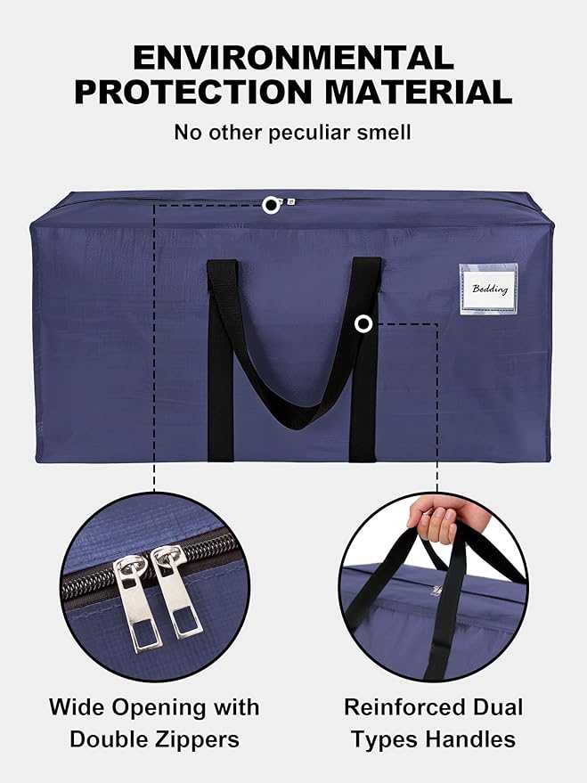 80 Pack Large Strong Moving Bags with Zippers & Carrying Handles - Water-Resistant - Heavy Duty Storage Tote for Space Saving, Fold Flat, Alternative to Moving Box (Blue)