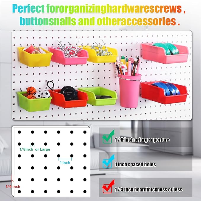 Roowest 60 Pcs Pegboard Cups Pegboard Bins Set, Wall Organizer with Hooks and Loops, Hooks Assortment Organizer Accessory for Office Storage Garage Craft Workshop(Multi Colors)