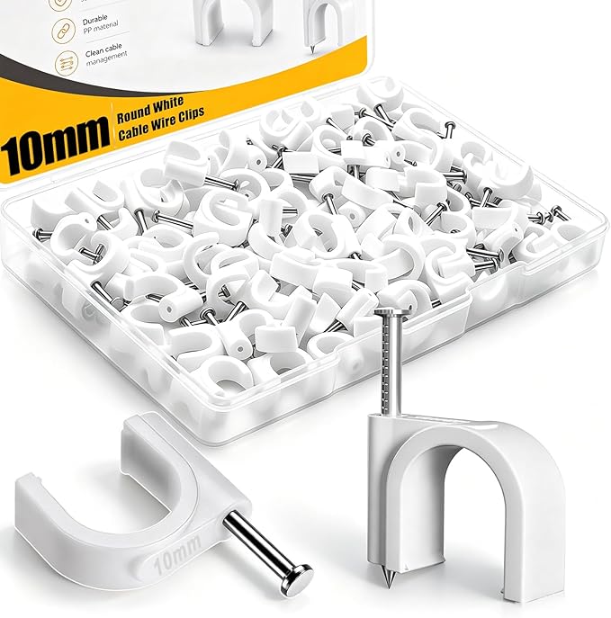 mxuteuk 100PCS Cable Clips with Steel Nails,10mm Round White Cable Wire Clips,Wall Clips for Cords,Cable Cord Clips for RG6 RG59 CAT6 RJ45