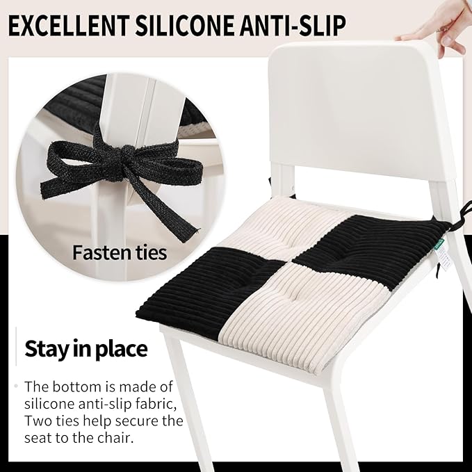 Office Stacking Chair Cushions 4 Pack, Corduroy High Density Foam Kitchen Seat Cushions with Ties, Square 17" x 17" Indoor Non-Slip Dining Chair Pads, Black+ White，4pcs