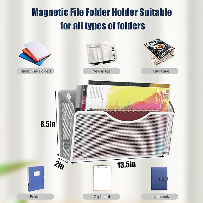 6PCS Magnetic File Holder - File Paper Mail Organizer, No Drilling Magazine Paper Document Holder, Hanging Magazine Rack for Refrigerator, White Metal Wire Mesh, 13.5 x 2 x 8.5 inches