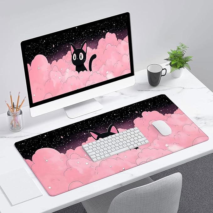 Cute Black Cat Gaming Mouse Pad Cartoon Galaxy Pink Clouds Kawaii Mousepad Extended Large Laptop Keyboard Non-Slip Rubber Base with Stitched Edges for Home 31.5x11.8 Inch